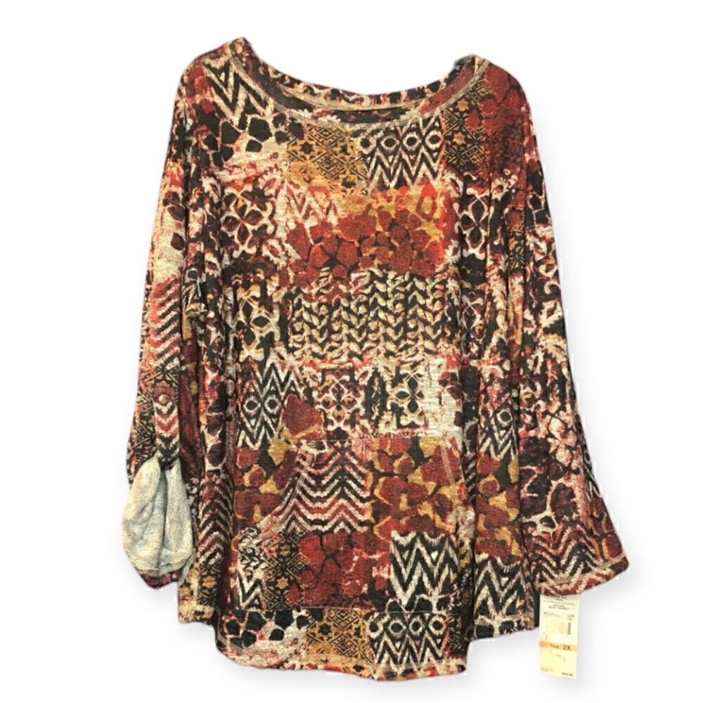 NWT Ruby Rd. Blouse Red Black Tan Grey Button-up Sleeves 2 Front Pockets Size 2X